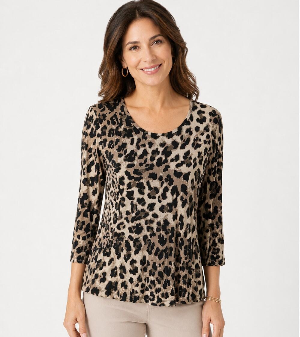 JM Collection Blouse Petite M Cheetah Zoo Leopard 3/4 Sleeve Stretch Top NWT